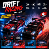 High-speed RC drift racing car with LED lights, rechargeable battery, and 2.4GHz remote control for kids aged 8 years and above.