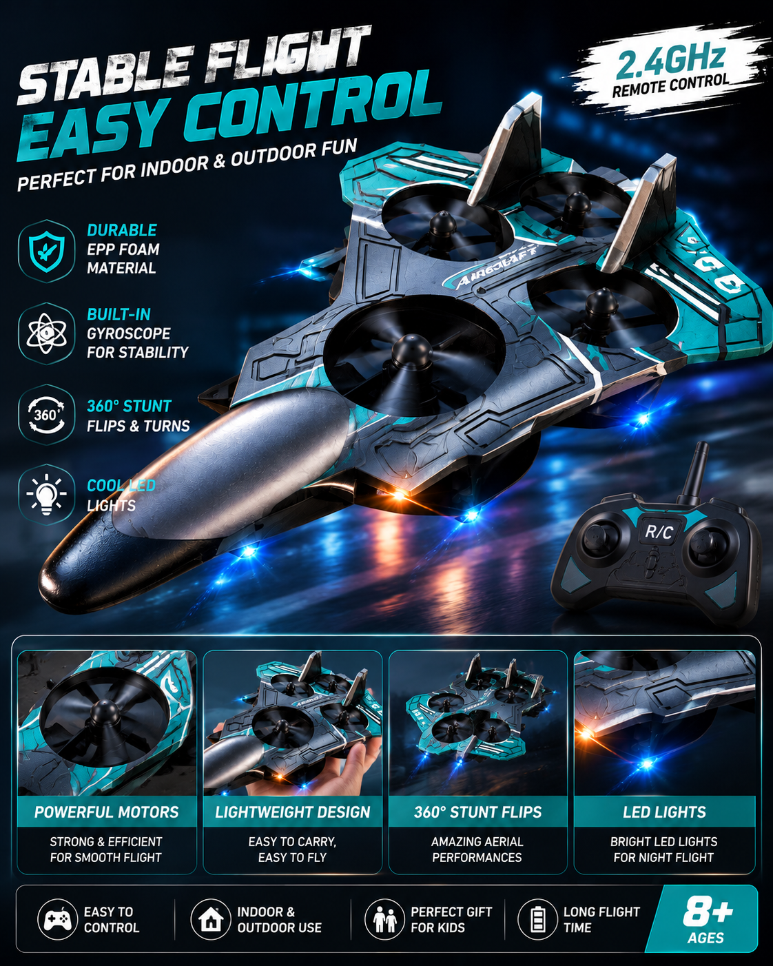 2.4GHz RC foam aircraft drone with remote control, LED lights, built-in gyroscope, and durable EPP foam for kids aged 8 years and above.