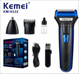 Kemei KM-6332 3-in-1 Rechargeable Electric Shaver & Hair Trimmer with Nose Trimmer Grooming Kit